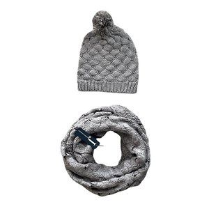 WOMENS BEIGE/COFFEE LIGHT WEIGHT KNITTED BEANIE & INFINITY SCARF SET - SZ: OS